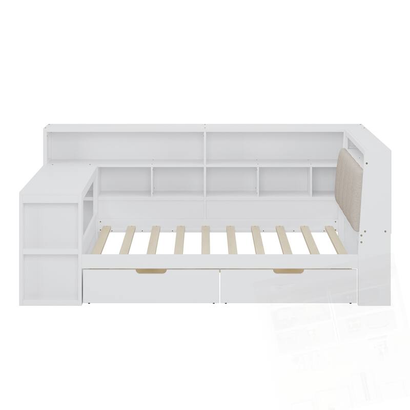 L-shaped Wooden Daybed with Desk and Storage Bookcase with Upholstered Headboard