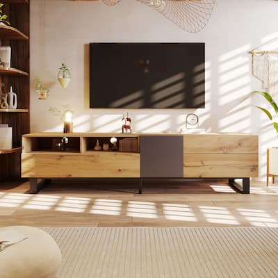 TV Stand with 3 Cabinets, Entertainment Center with Drop Down Door, Console Table with 2 Drawers and Open Shelves