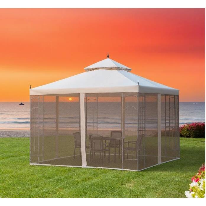 Double Roof Outdoor Gazebo Canopy Shelter with Corner Shelves and Protective Mesh Netting
