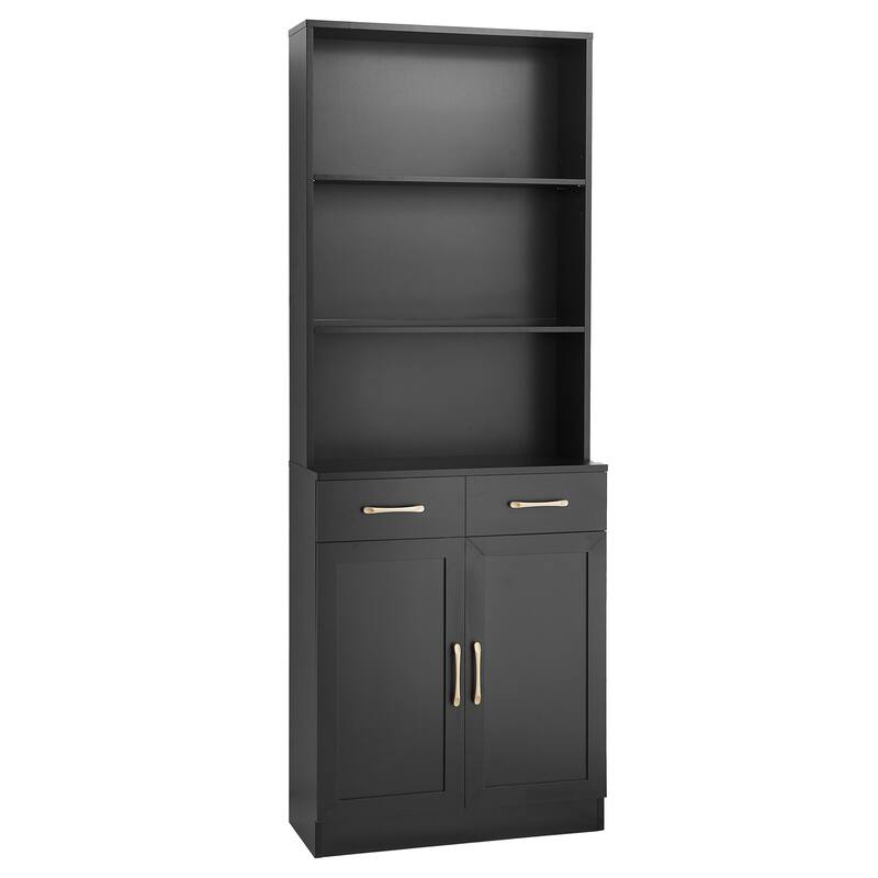 Bookshelf with Two Doors and Drawers, Adjustable Shelf, Three-layer Open Shelf