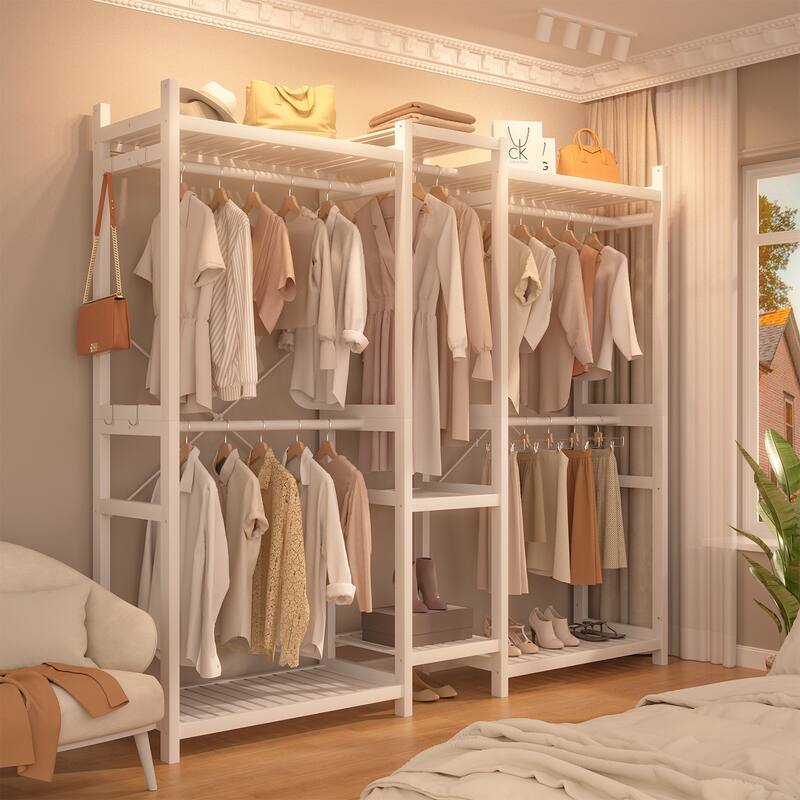 Bamboo Closet System Clothes Rack, Large Freestanding Garment Rack Clothing Rack for Hanging Clothes