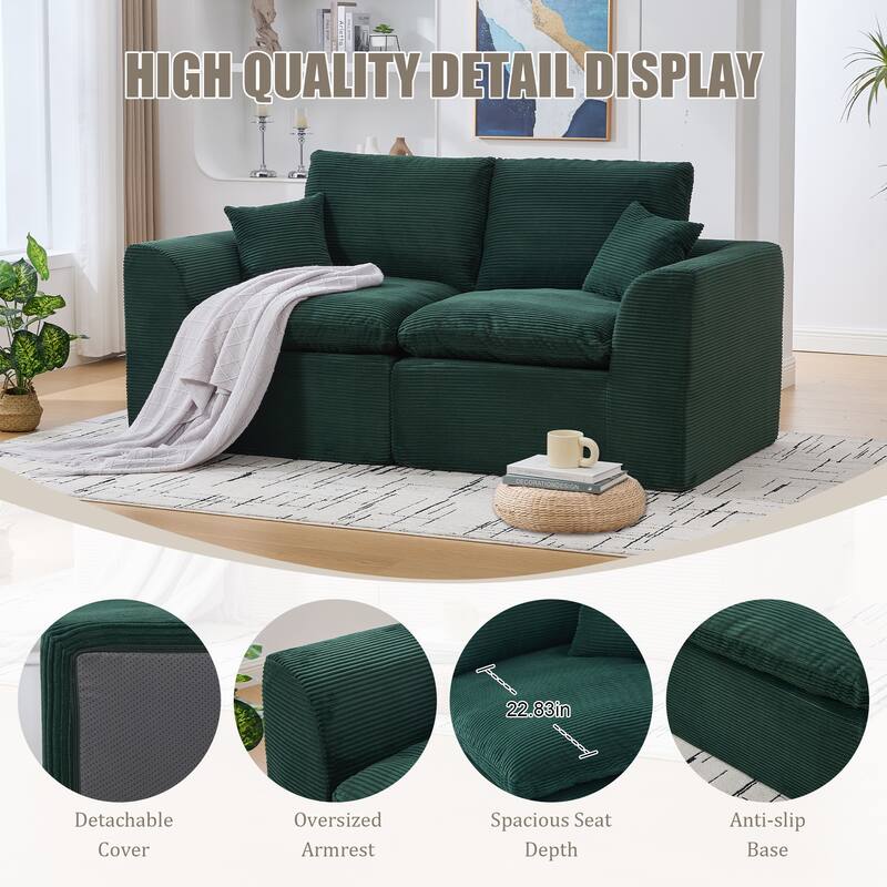 Modern 2-Seater Corduroy Cloud Sofa Modular 2-Piece Sectional Sofa with Removable Covers, for Living Room, Bedroom, Emerald