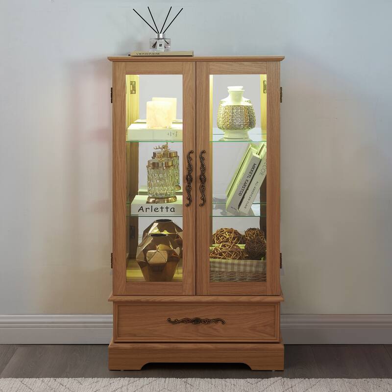 Elegant Lighted Curio Cabinet With Customizable Shelving - Two Glass Doors, Built-In Storage Drawer .