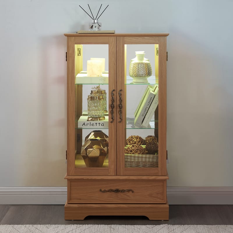 GDF Studio - Lighted Curio Cabinet with Adjustable Shelves and Built-In Drawer.