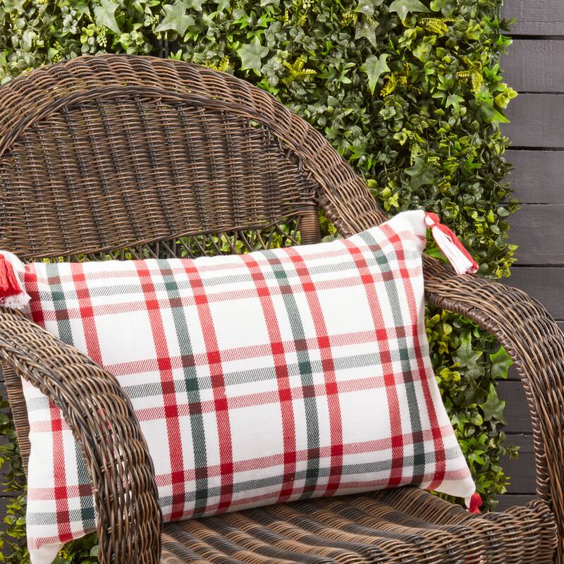 Tasseled Plaid Outdoor Throw Pillow