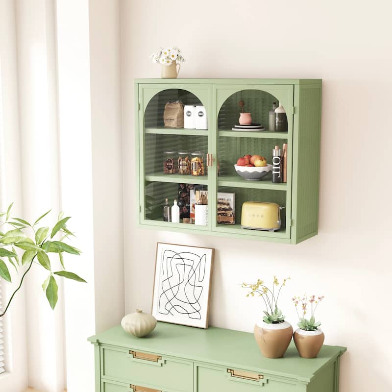 Glass Door Two-door Wall Buffet with Featuring Three-tier Storage for Entryway
