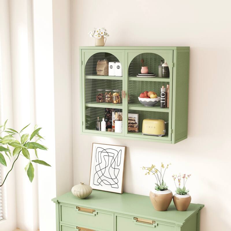 Green Wall Cabinet Buffet Sideboard with 3-tier Storage & Glass Door, Wall Storage Cabinet with Characteristic Woven Pattern