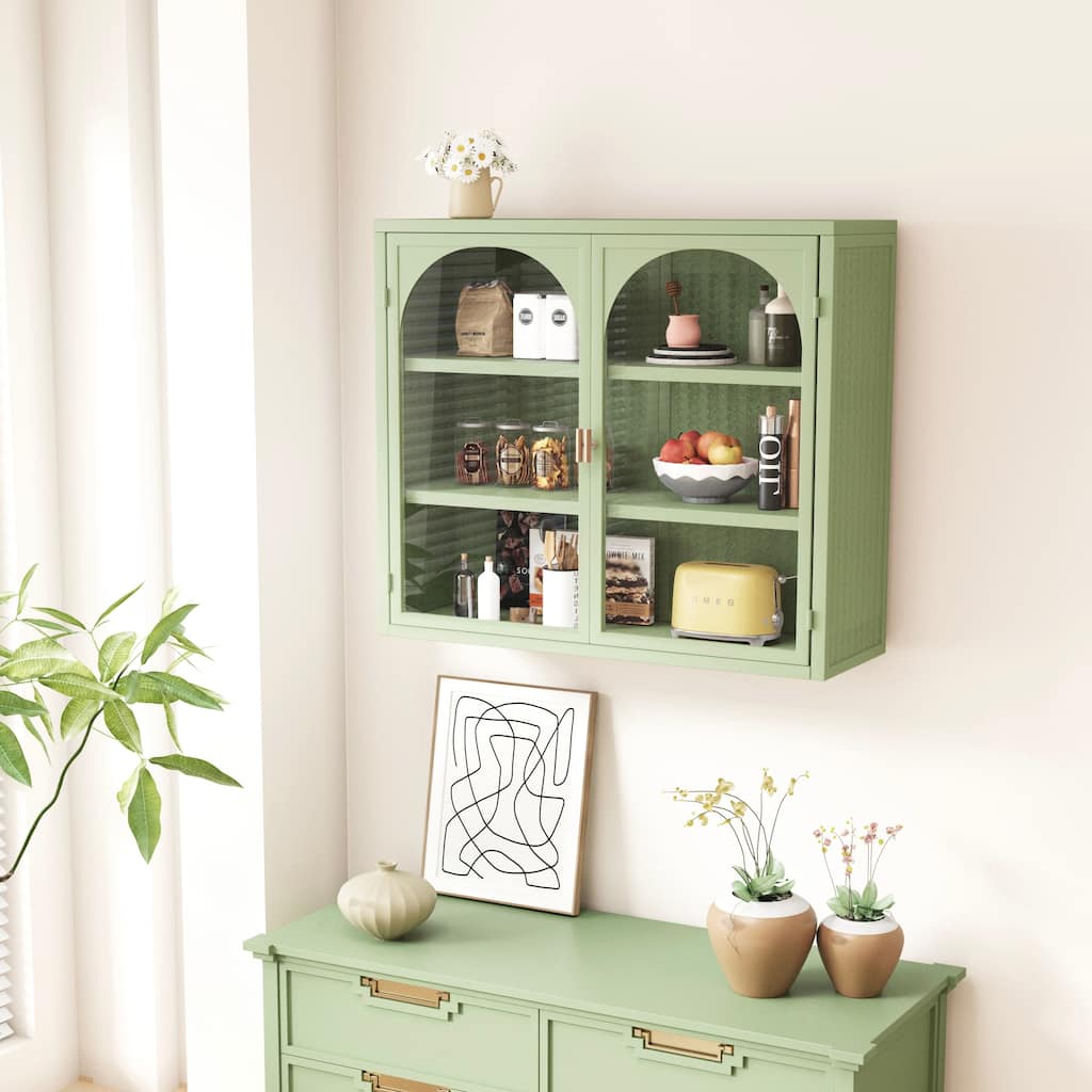 Roomfitters 27.56" Modern Glass Door Wall Cabinet with Three-Tier Storage for Entryway, Living Room, Bathroom
