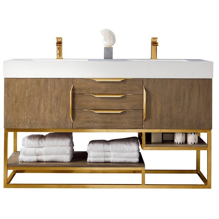 James Martin Vanities Columbia 59" Double Vanity, Latte Oak with Radiant Gold Hardware