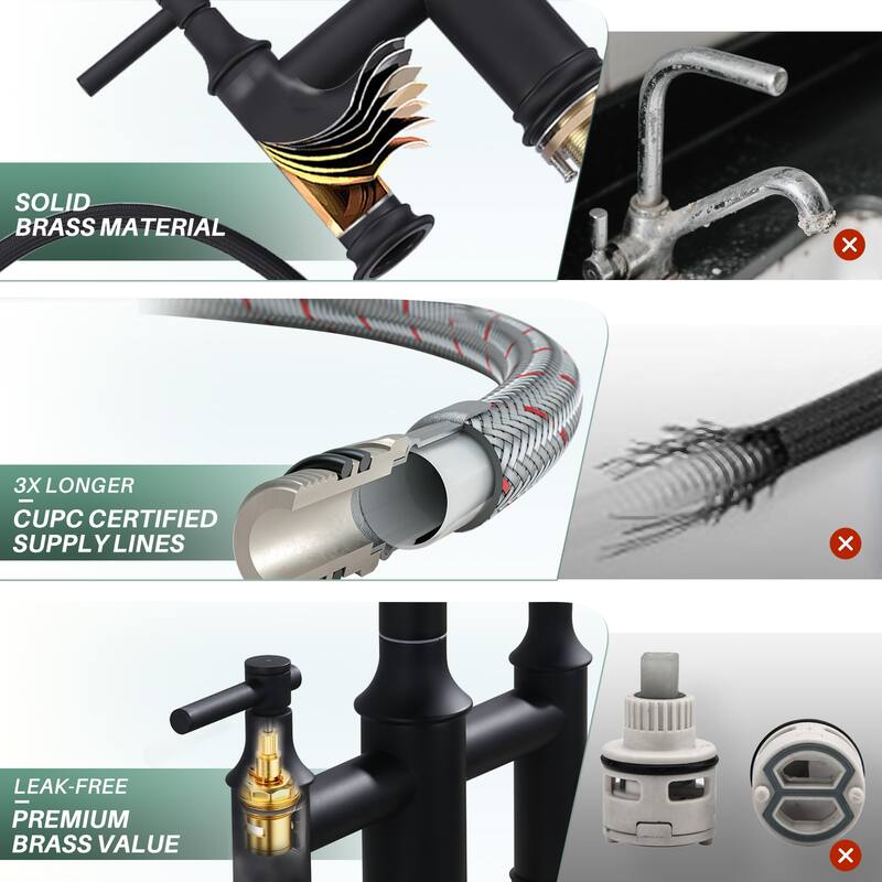 WOWOW Double Handle Pull Down Sprayer Bridge Kitchen Faucet