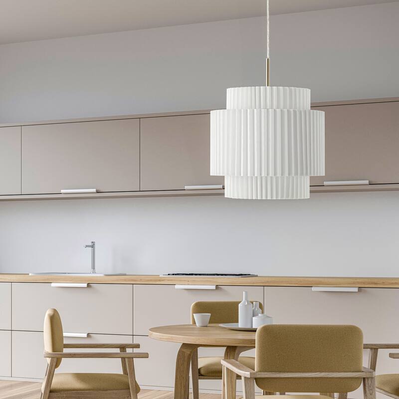 Calix 14.5" 1-Light Vintage Mid-Century Iron LED Pendant with Pleated Shade, Brass Gold/White by JONATHAN Y