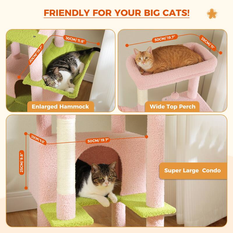66" Cat Tree, Cat Tower with Sisal-Covered Scratching Post, Super Large Metal Hammock and 2 Big Condos