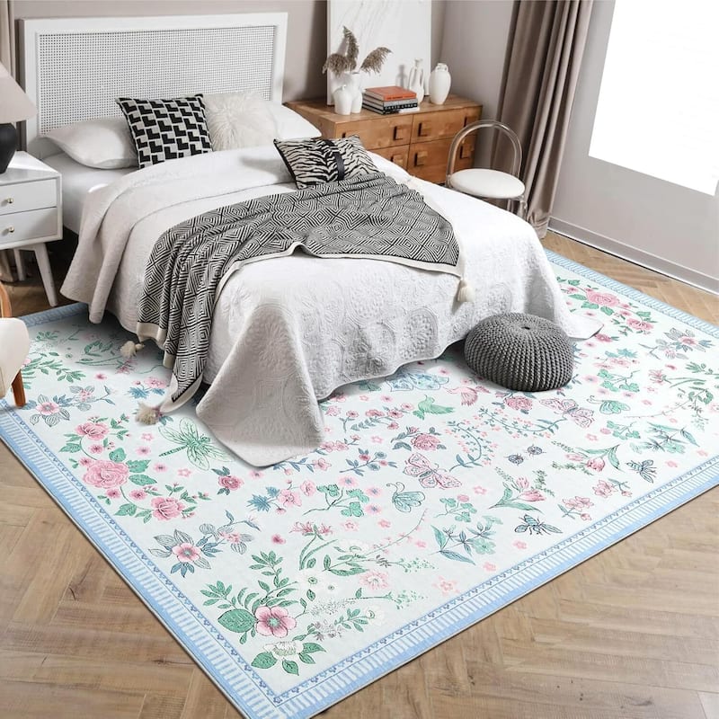 Modern Floral Machine Washable Indoor Waterproof Area Rug for Bedroom, Living Room, Blue - 2' x 3' - Blue 10*13ft
