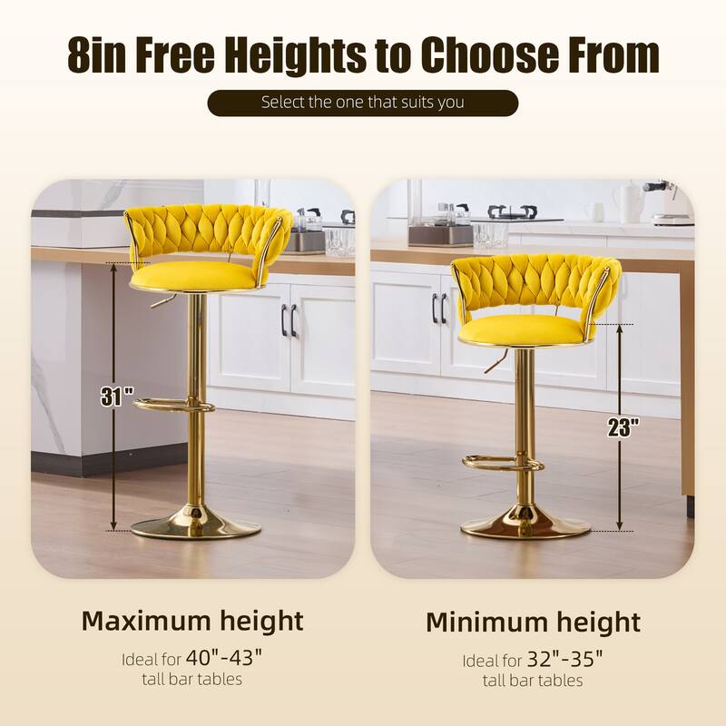 HOMEFUN Velvet Adjustable Height Swivel Armless Bar Stools With Golden Footrest(set of 2)