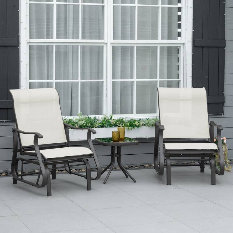 3 Piece Outdoor Gliders Set with Steel Frame, Tempered Glass Table