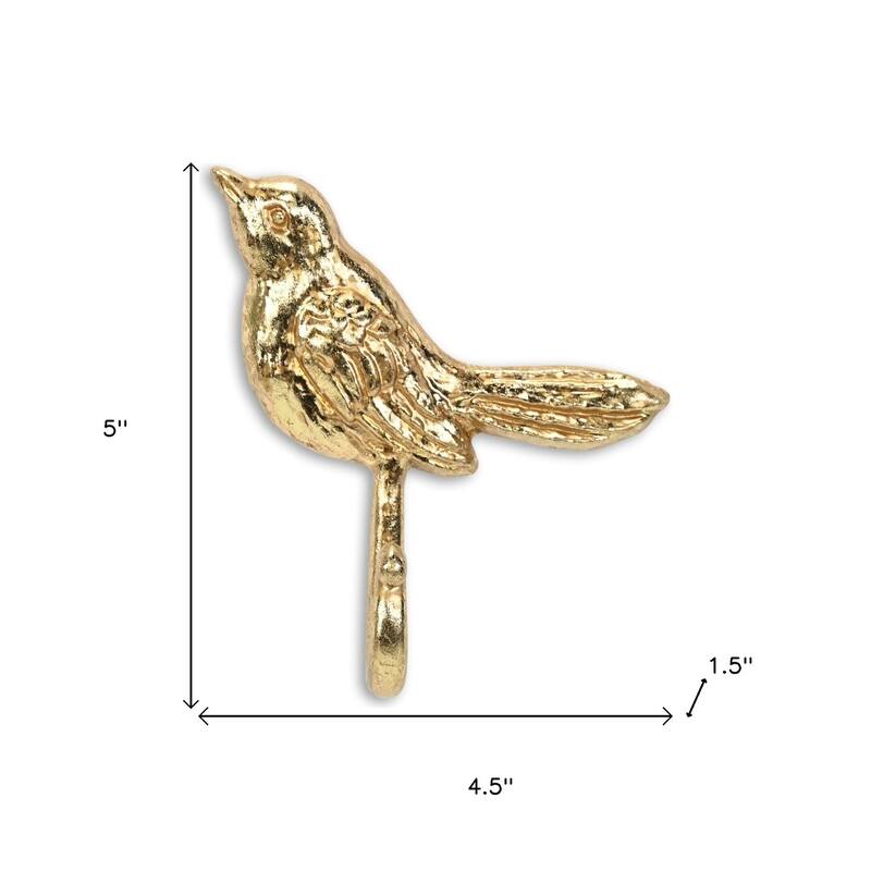 HomeRoots 5" Gold Cast Iron Bird Wall Hook - 4.5 in. x 5 in. x 1.5 in.