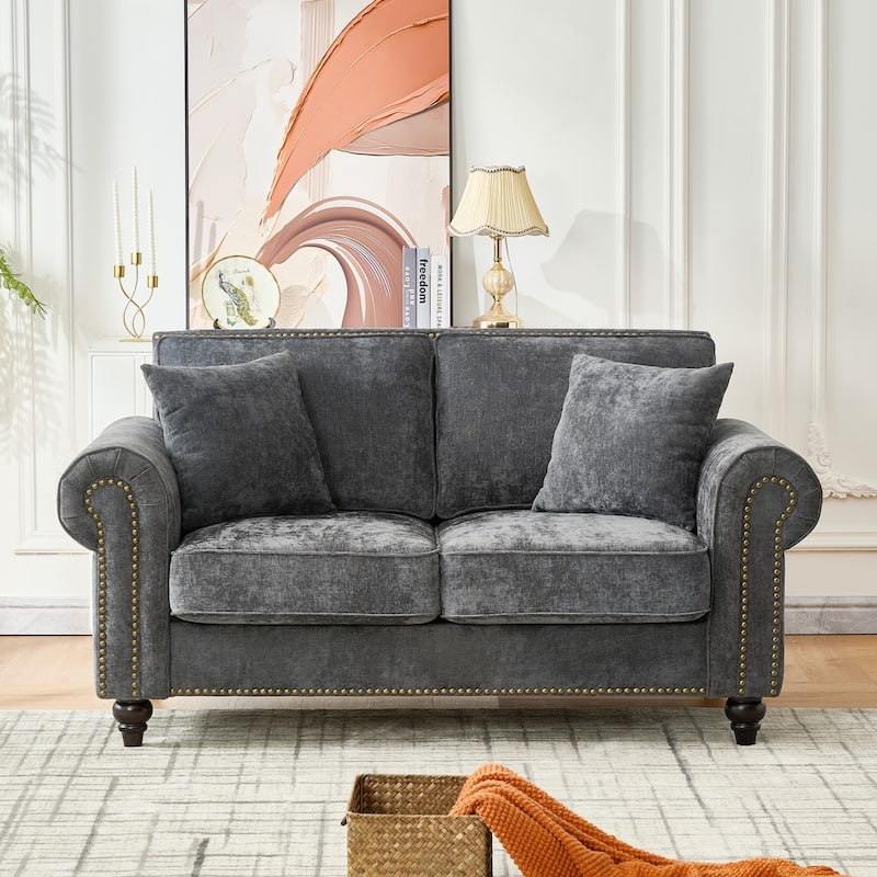 Chenille Deep Seat Couch Loveseat Sofa with Nailhead Trim and Pillows - Grey