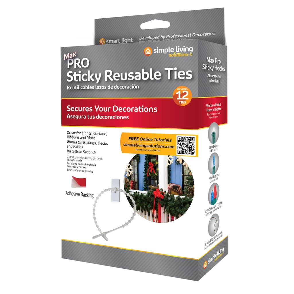 Sticky Reusable Ties with Clip Hooks Christmas Decoration Hangers - 2" - Set of 12