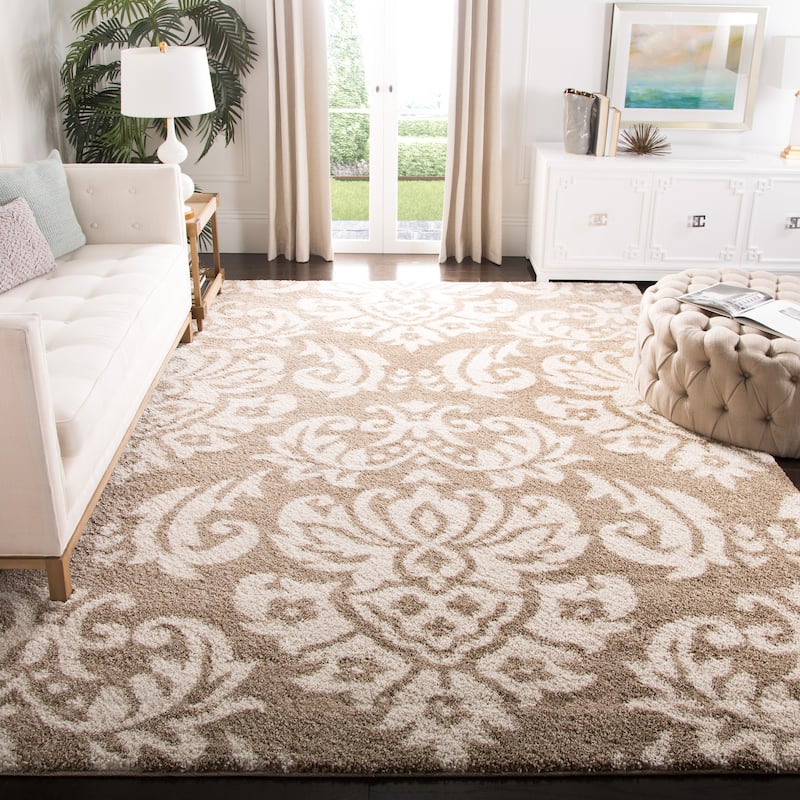 SAFAVIEH Florida Shag Aurkene Floral Damask 1.2-inch Thick Rug - 9'6" x 13' - Beige/Cream