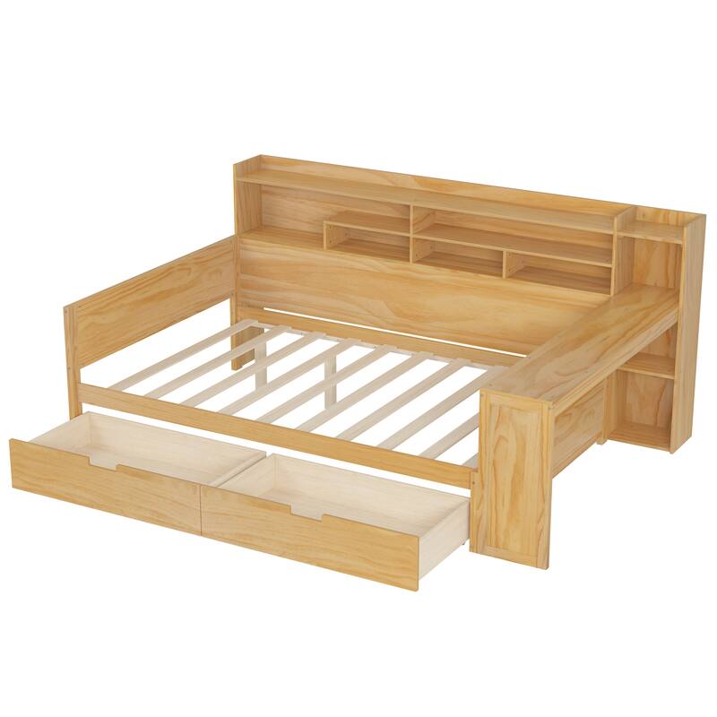 Full Size Wooden Daybed Platform Bed with Recessed Desk Storage Shelves and 2 Drawers Under Bed for Compact Spaces, Bedroom