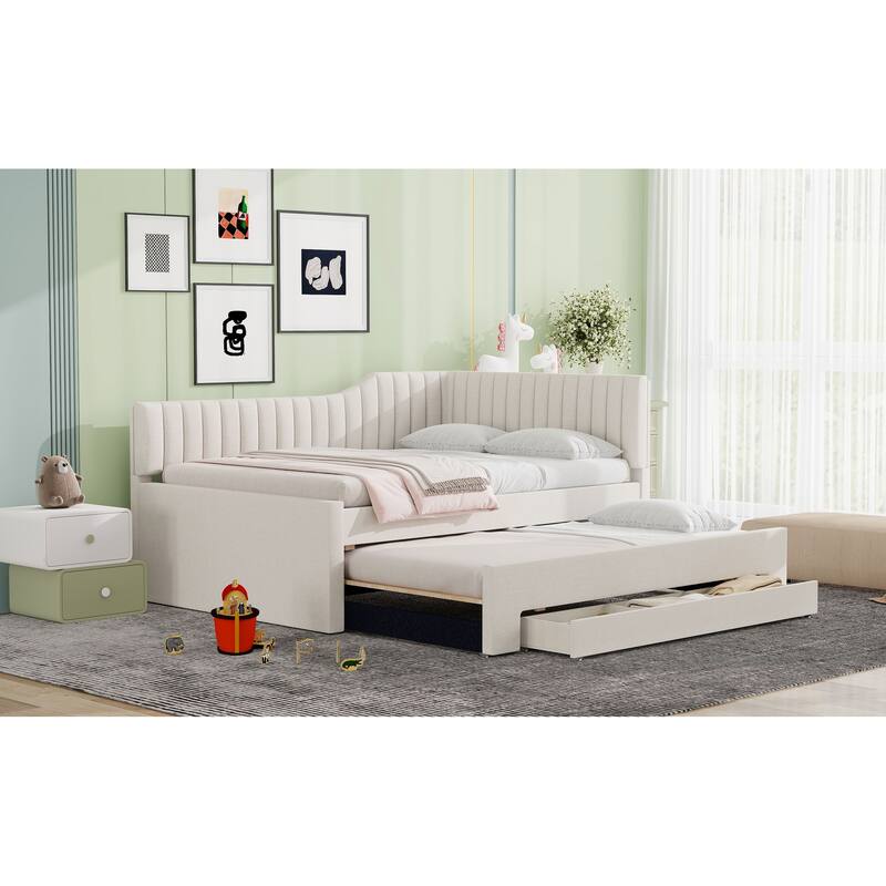 Upholstered Linen Bed Frame, Full Size Daybed with Pull-out Trundle and Storage Three Drawers for Bedroom/Apartment
