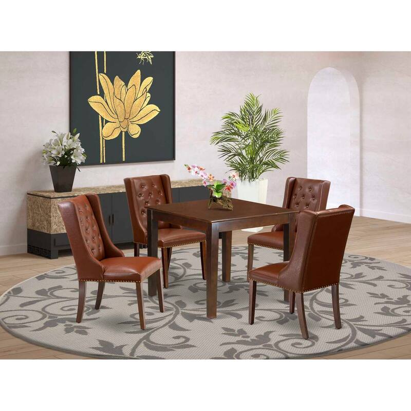 5-Piece Mahogany Finish Solid Wood Top - Square Button Tufted Dining Room Set - Seats 4