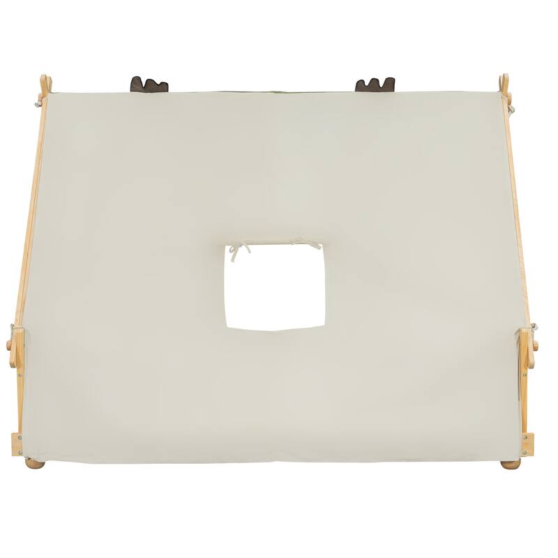 Deer Antler Accents House Bed Tent with Light and Roll-Up Curtain Skylight, Low Platform Bed with Detachable Tent and Roof