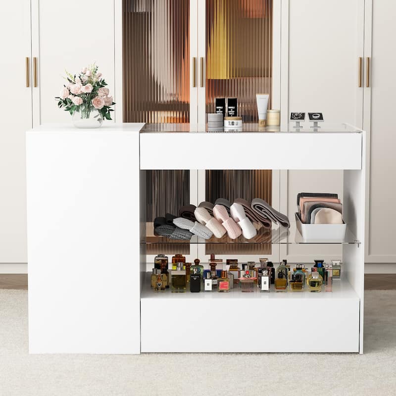 Glass-Drawer Buffet Island White Storage Unit for Any Room Closet - 47.2"x23.6"
