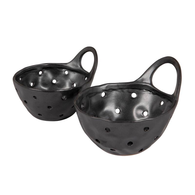 Set of 2 Cream Stoneware Colanders - Black - 2 Piece