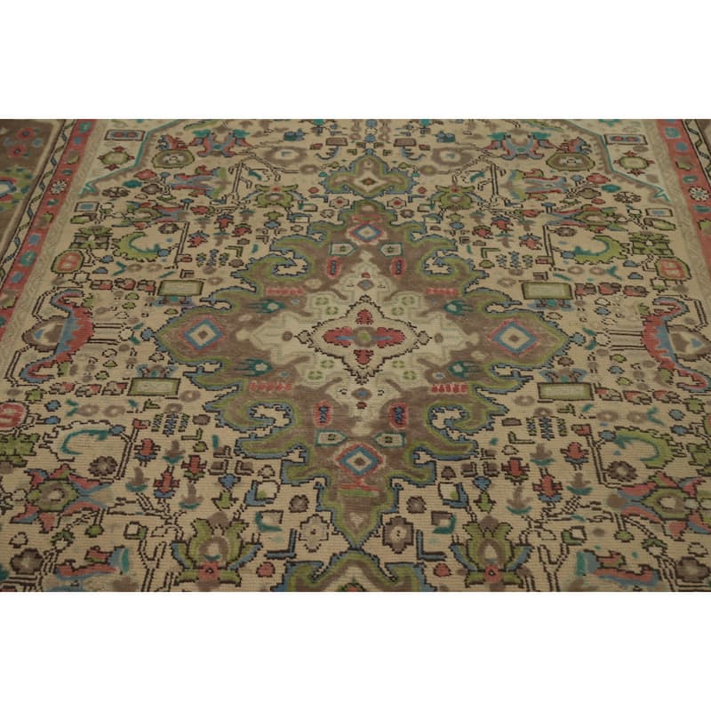 Hand Knotted Oriental 100% Wool Carpet Traditional Floral Beige & Ivories Tabriz Area Rug - 9' 9'' X 6' 4''