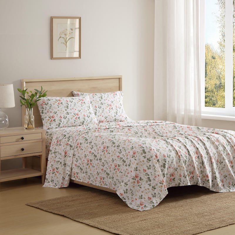 Laura Ashley Printed Cotton Percale Sheet Set - Full - Meadow Floral Beige