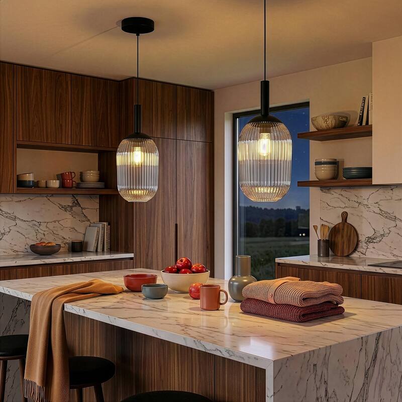 Teen Black Modern Pendant Light with Ribbed Glass Shade - Black