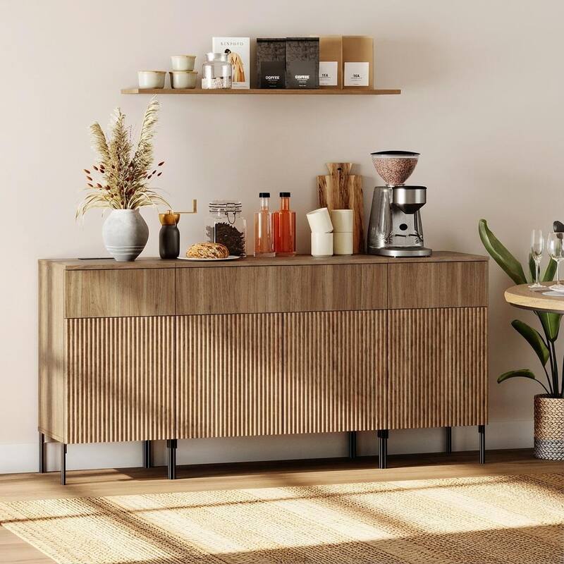 63" Wooden Reeded Sideboard With Doors And Drawers, 3-In-1 Modern Credenza With Charging