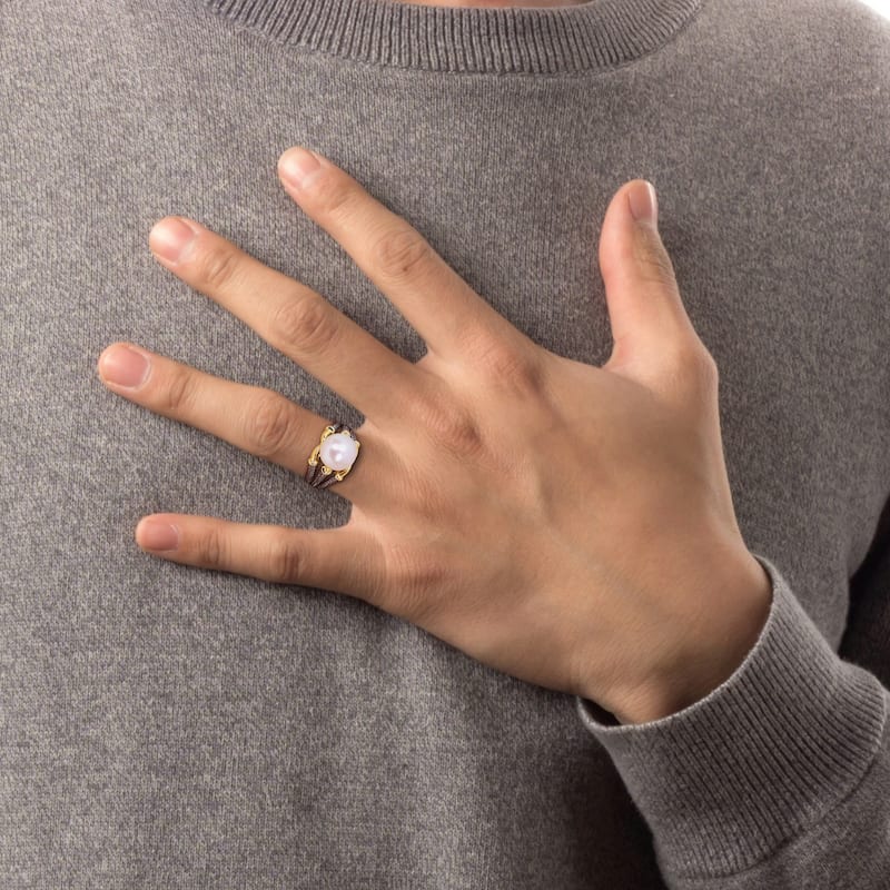 Miadora Mens 10.5-11 mm White Cultured Freshwater Pearl Ring in Yellow and Black Silver