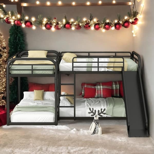 slide 2 of 18, Full and Twin Size L-Shaped Bunk Bed with Slide & Short Ladder, Black Black