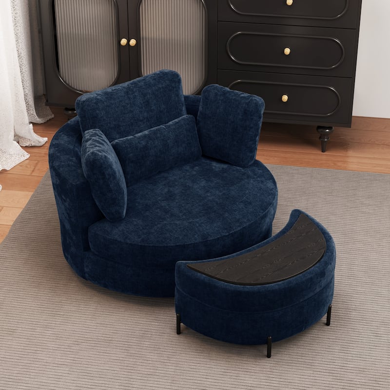 Modern Chenille 360° Swivel Accent Barrel Chair and Storage Ottoman