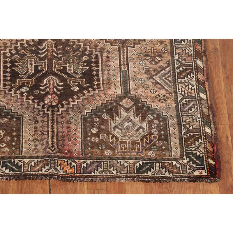 Tribal Geometric Qashqai Persian Antique Rug Hand-Knotted Wool Carpet - 5'0" x 7'11"