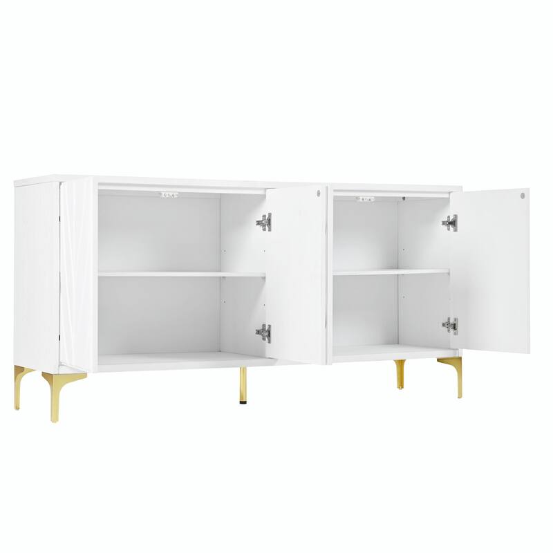 60" Carved Credenza Storage Cabinet, Handleless Press-to-Open Sideboard with 4 Doors