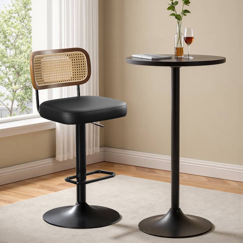 Adjustable Height Swivel Bar Stools with Back and Footrest - 17.7"W x 15.75"D x 35"-42.9"H - Single - Black-rattan back