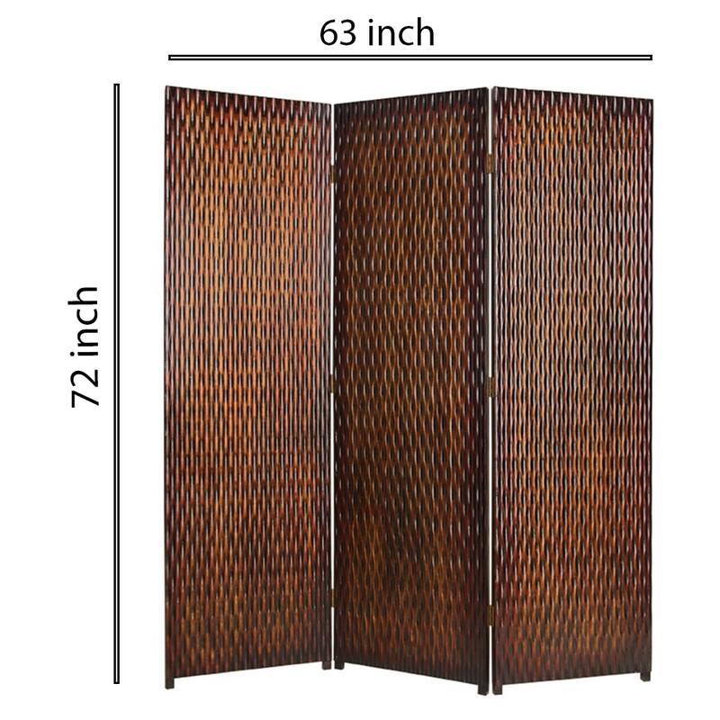 3 Panel Foldable Room Divider with Patterned Wood Panelling, Brown