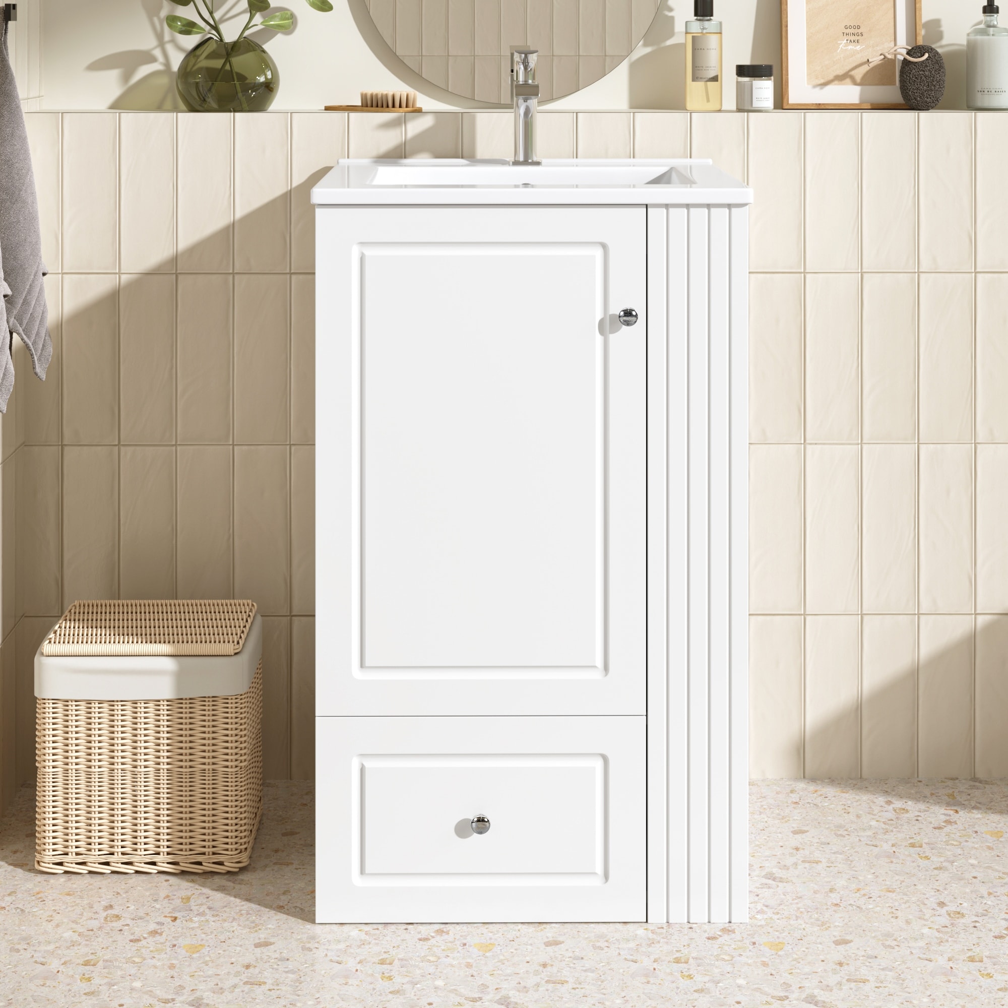 Modern Small Bathroom Vanity with Ceramic Sink, 20" Single Sink Bathroom Storage Cabinet with Side Shelves & Towel Bar