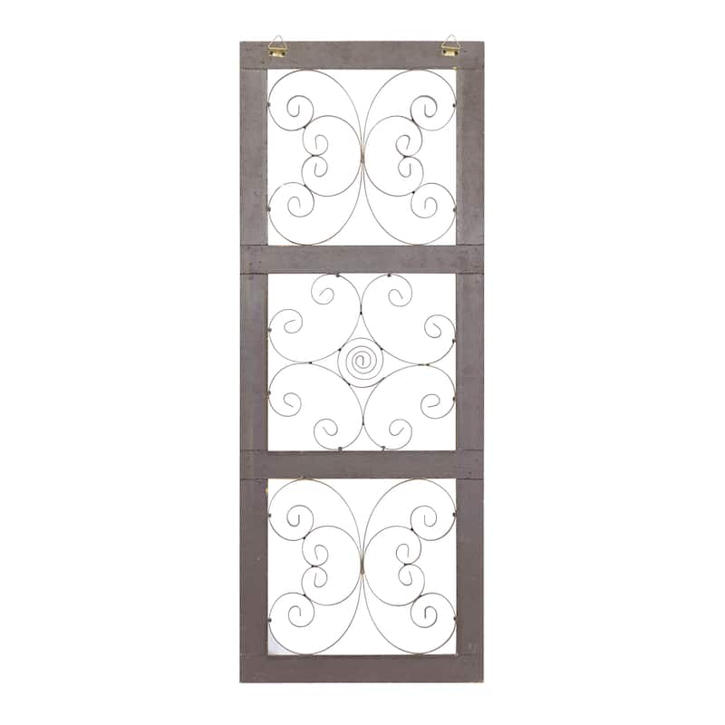 Brown Wood Distressed Panel Scroll Home Wall Decor with Bronze Metal Scrollwork