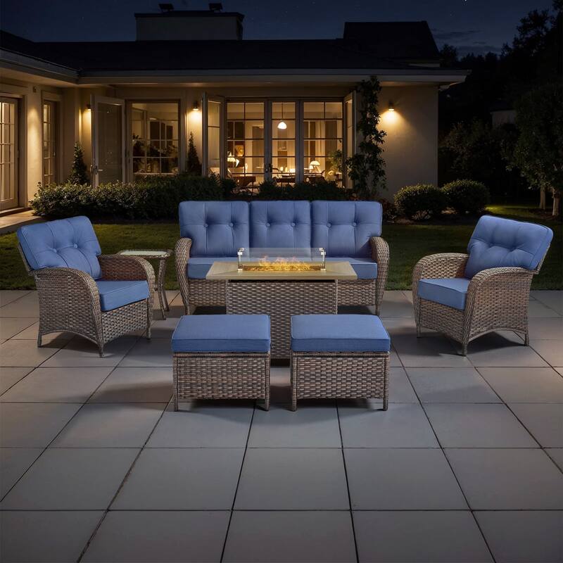 TWrap 7-Piece Wicker Patio Fire Pit Conversation Set with 3-Seat Sofa & Armchairs - Brown/Navy Blue - Fire pit Set