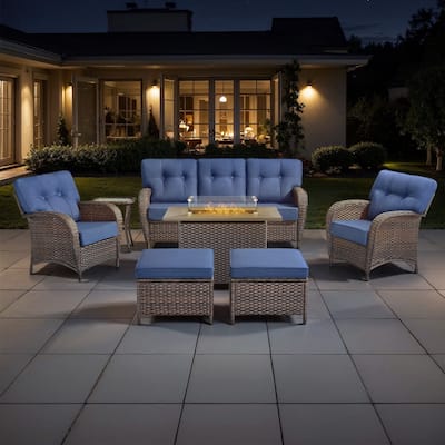 TWrap 7-Piece Wicker Patio Fire Pit Conversation Set with 3-Seat Sofa & Armchairs