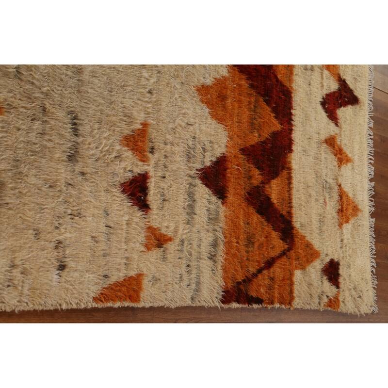 Hand Knotted Oriental 100% Wool Carpet Modern Tribal Beige & Ivories Moroccan Area Rug - 9' 8'' X 6' 8''