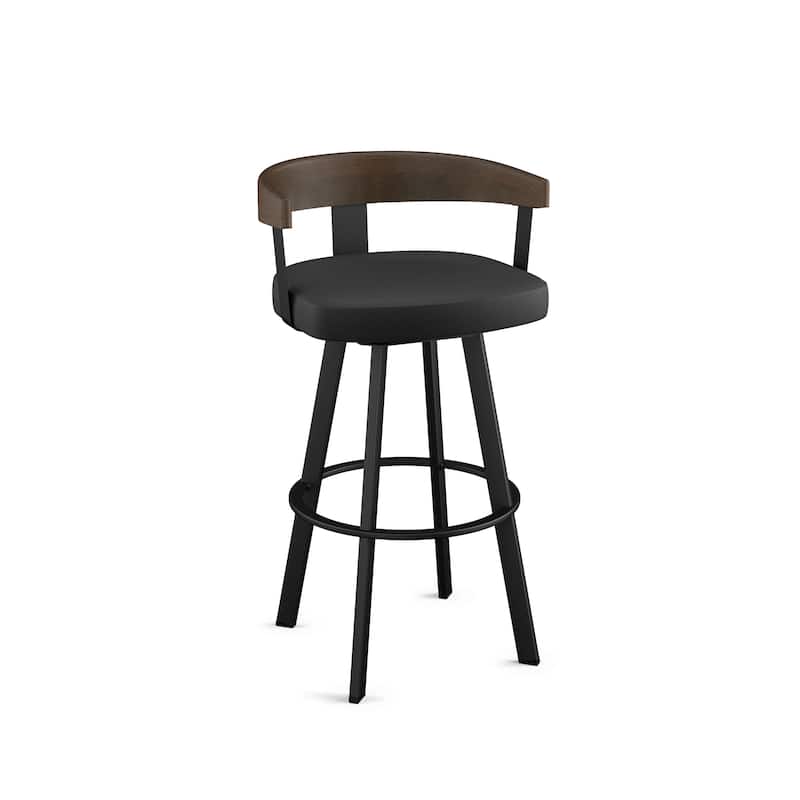 Amisco Lars Swivel Counter and Bar Stool with Wooden Backrest and Arms - Black Faux Leather / Brown Wood / Black Metal - Counter Height