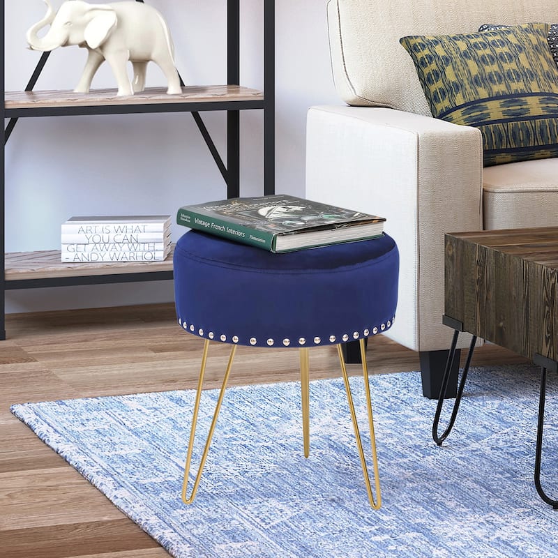 Adeco Footstool Round Ottoman Velvet Dressing Stool Gold Metal Legs