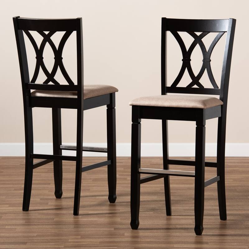 Calista Modern and Contemporary Fabric Upholstered and Brown Finished Wood 2-Piece Bar Stool Set