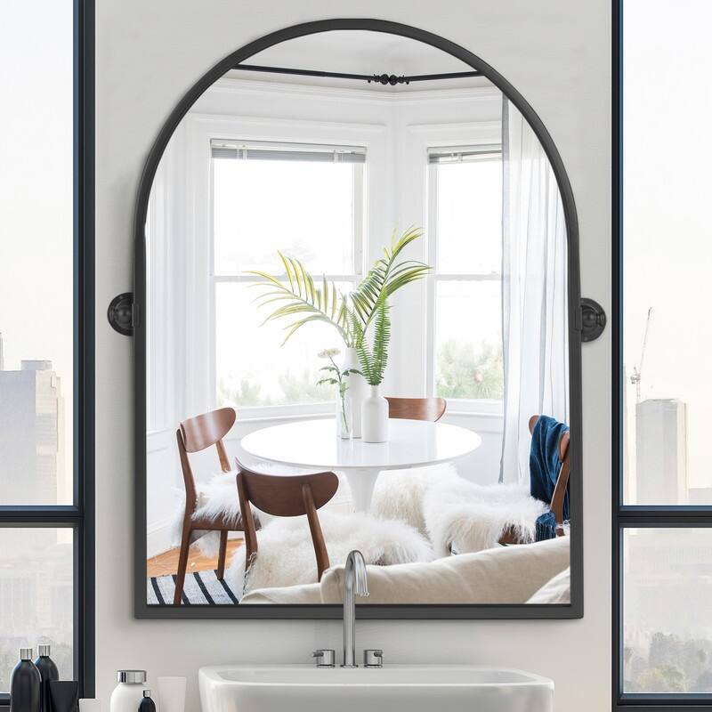 Iron Metal Frame Rectangular Windowpane Wall Mirror Farmhouse Rustic Elegant Decor for Living Room Bedroom Bathroom Entryway - 36" x 24" - Black Arch
