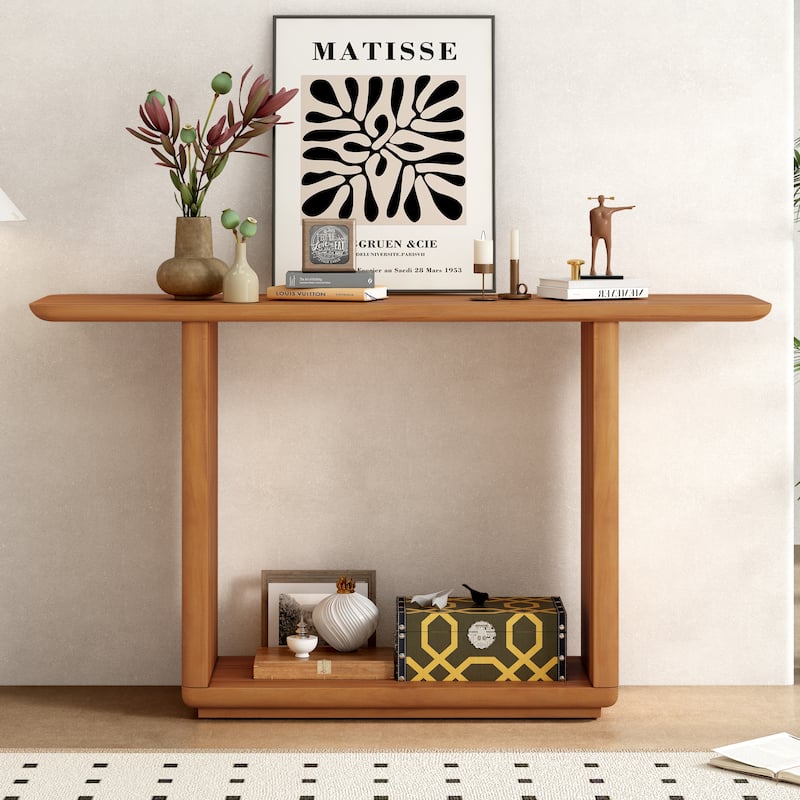 Elegant Console Table with Curved Corners, Natural Side Table Corridor Table Hallway Table with Bottom Shelf
